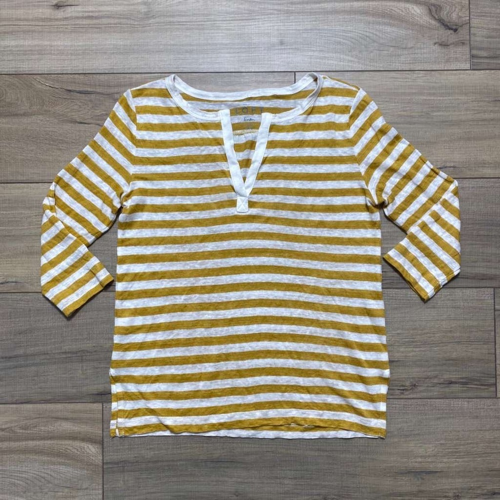 Ann‎ Taylor Loft Womens 100% Linen 3/4 Sleeve Striped Top Size XS Mustard Cream